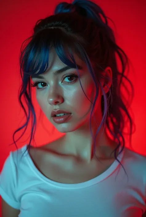 a close up of a drop dead gorgeous, milf, black and white hair, twisted half-up half-down, wearing a white too short t-shirt, smiling, with blue and pink hair, a character portrait, inspired by Cindy Sherman, unsplash, red and cinematic lighting, portrait ...