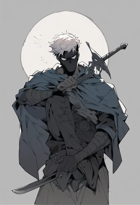 Oskar has a mysterious appearance with silver hair and a deep gaze.. His costume combines ninja elements with a modern aesthetic., featuring dark colors and a cloak that moves like shadows. He carries a sword and has a calm expression., hiding your eyes wi...