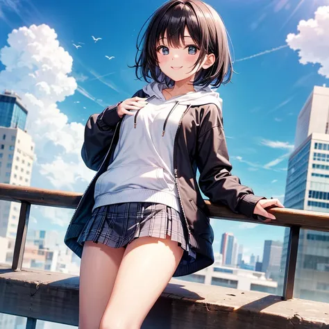 One girl、smile,Short black hair、Small breasts、(hoodie)、(Checked mini skirt:1.1)、Sunny blue sky city、(whole body)