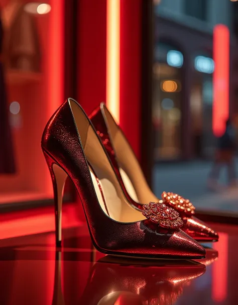 Elegant high heels on display、High fashion shop window、Vibrant colors、Chic colors、Photorealistic、8k、Super detailed、Dramatic lighting、Shiny material、Reflective surface、Cinematic composition、Perfect Style、Attention to detail、High-end luxury、Exquisite craftsm...