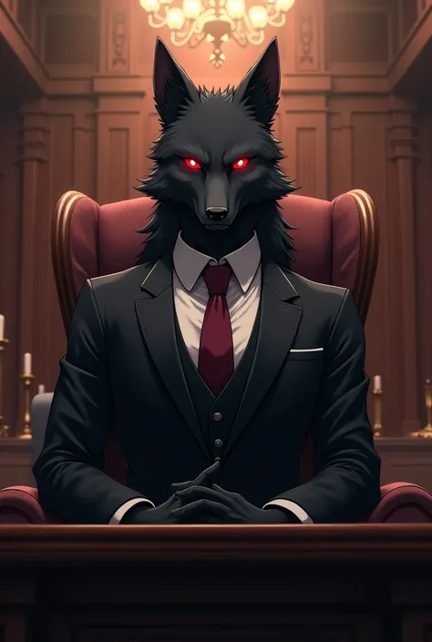 furry avatar, black wolf with red eyes, wearing a black suit, burgundy color tie. The background is a courtroom, avatar siting in the Judge chair. draw style: anime