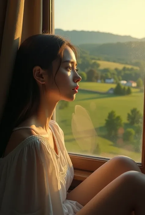 a girl sitting by a window, beautiful rural landscape outside the window, summers end, heartbroken, detailed facial features, beautiful eyes, detailed lips, long eyelashes, detailed clothing, emotional expression, (best quality,4k,8k,highres,masterpiece:1....