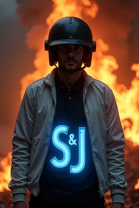 Create a image of man standing with black helmet and background one S & J letter with blue lights half pic  from stomach  & front side of face with white jacket with lot fire near him