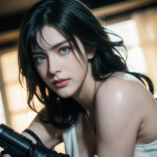 ((No NSFW)), Masterpiece, Best Quality, High Resolution, Golden Ratio, Ray Tracing, woman holding a gun on a white background, Female cyberpunk girl, cyber punk Girl, Letty in Devil May Cry, [[[White top,denim short,Belt decoration,]]] blue color eyes, [[[...