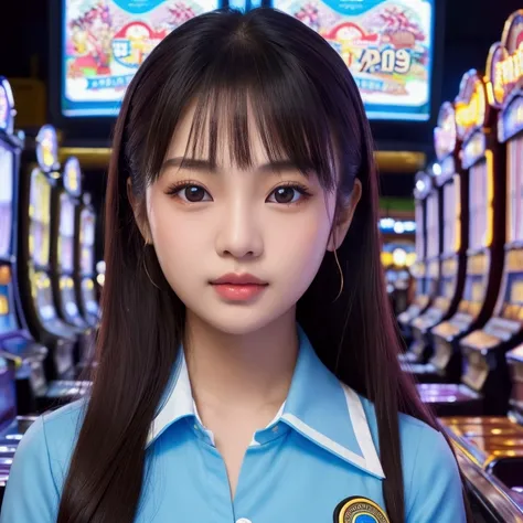 1 asian girl, cute girl, girl playing slot machine, girl looking at slot machine screen, slot machine with text "Badge Blitz: Slot Full of Interesting Features and Chance to Win Big", girl wearing blue and white shirt, detailed face, detailed eyes, detaile...