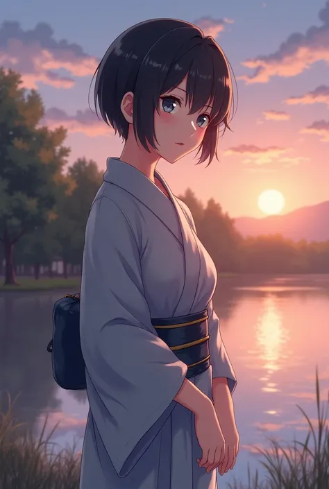 Standing by a river in the Japanese countryside、Goddess、Very short black hair、A yukata in a calm color、A kind smile,Beautiful eyes、barefoot、Cool smile、Portrait,Sunset sky,Boyish,tall,after sunset,A sky of madder and indigo gradation,Upper body close-up,Clo...