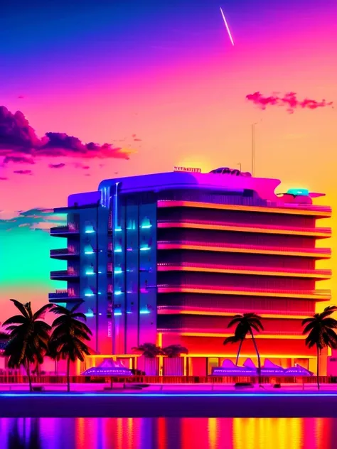 Neon Vaporwave hotel, Miami sunset vibes, Night city landscape at purple neon, Retrowave Digital Art Synthwave, Vaporwave aesthetic wallpaper, Retro Vaporwave Wallpaper, (masterpiece), (best quality), (super detailed), 