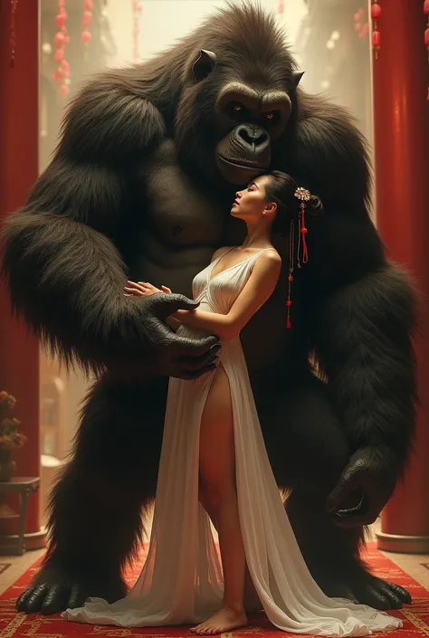 masterpiece, highest quality, HDR, high contrast, A young woman strips naked, revealing her inner body, hugs and kisses a giant ape having sex, Chinese woman, palace, giant ape taking off a womans clothes, a woman in Hanfu, white Hanfu, Wuxia, traditional ...