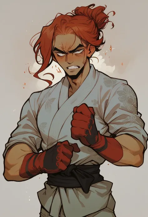 Sebastian is an athletic hero with flowing red hair and determined eyes.. Her costume combines martial arts elements with floral touches., displaying vibrant colors. He carries powered combat gloves and has a confident stance..