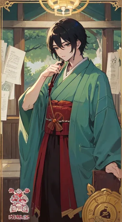 Kiyomaro Wake　2 male、Tarot Anime Style　Anime Style　Cartoon images of men　Costume of aristocrats in the Heian period　Gorgeous clothing and accessories　A gentle and calm expression　A pose with a book or brush in hand　Traditional Japanese gardens and shrine g...