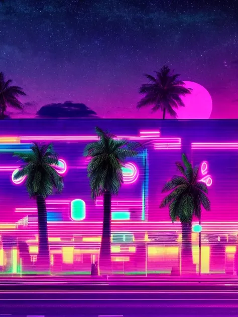 neon vaporwave hotel, miami sunset vibes, night city landscape at purple neon, retrowave digital art synthwave, vaporwave aesthe...