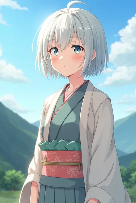 Standing in the mountains of Japan、Goddess、Silver short hair、kimono、A kind smile,Beautiful eyes、barefoot、Cool smile、Upper body portrait,Morning sky,Boyish,tall,early morning,Upper body close-up,Close-up of upper body,Anime