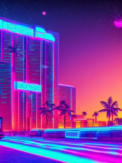 Neon Vaporwave hotel, Miami sunset vibes, Night city landscape at purple neon, Retrowave Digital Art Synthwave, Vaporwave aesthetic wallpaper, Retro Vaporwave Wallpaper, (masterpiece), (best quality), (super detailed), 