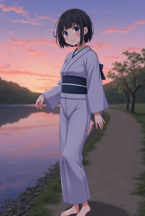 Standing by a river in the Japanese countryside、Goddess、Very short black hair、A yukata in a calm color、A kind smile,Beautiful eyes、barefoot、Cool smile、Portrait,Sunset sky,Boyish,tall,after sunset,A sky of madder and indigo gradation,Upper body close-up,Clo...