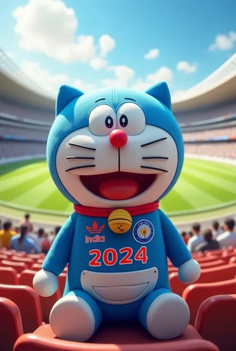 Doremon wearing 2024 Indian cricket jersey 
Sited on stadium 
