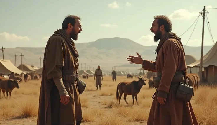 The plains outside of Bethel, set up with camp, Lot looking at one herdsman shouting angrily at another herdsman from distance 