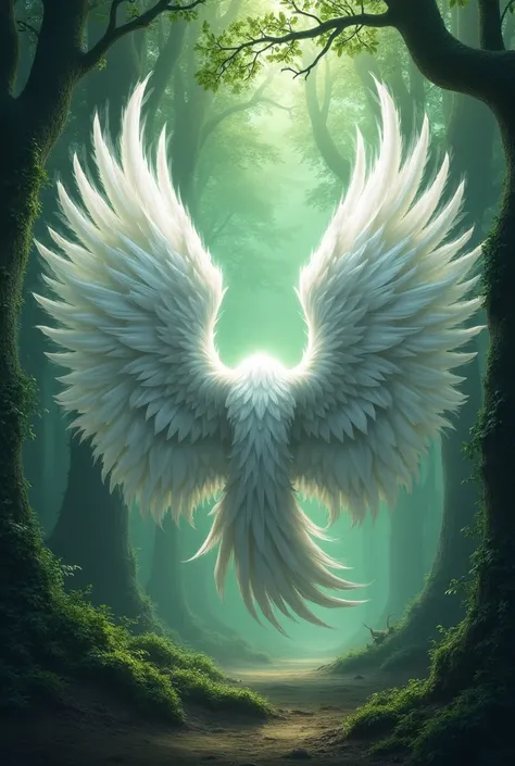 Cover of a fantasy book. I just want some big shiny white wings. Where behind you can see a magical forest. Add lines and artistic details to the cover. And the title is: light and shadow 