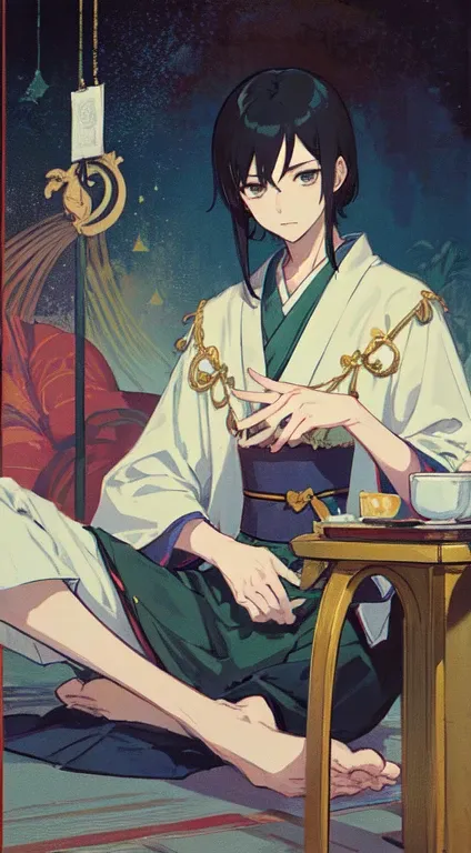 Fujiwara Kamatari　2 male、Tarot Anime Style　Anime Style　Cartoon images of men　A figure wearing traditional attire of aristocrats from the Nara period　With a calm and intelligent expression、A thoughtful pose　Ancient Japanese landscapes、A background that give...