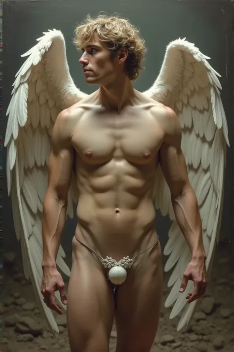 lateral view, full body, Oil painting, charismatic portrait and ((A male angel with wings.)), high, delgado, smooth muscle, ((flaccid penis)), Smooth body ruins background, perfect eye chiaroscuro mood, Oil painting, classical era, art style of paintings b...