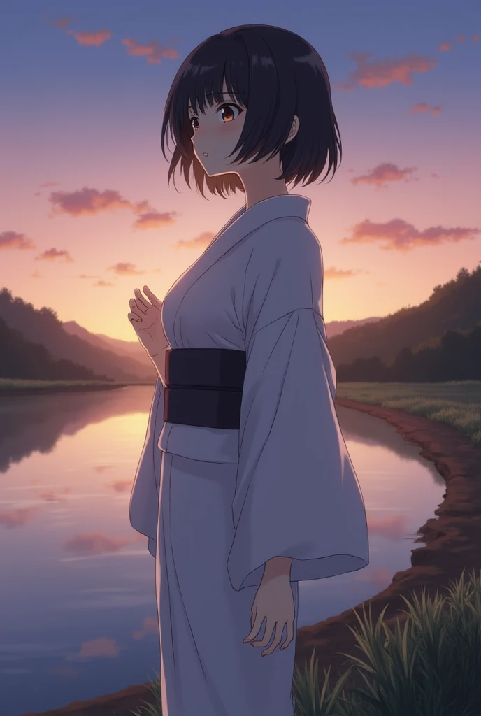 Standing by a river in the Japanese countryside、Goddess、Very short black hair、A yukata in a calm color、Beautiful eyes、barefoot、Portrait,Sunset sky,Boyish,tall,after sunset,A sky of madder and indigo gradation,Upper body close-up,Close-up of upper body,Anim...