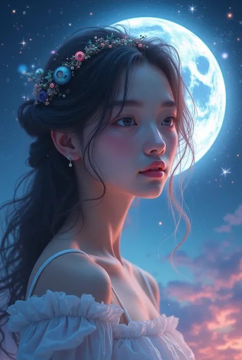 Masterpiece, Superb Girl, Cute Girl, Bust, High Detail Eyes, Perfect Eyes, Portrait, High Detail Face, Same Eyes, Glare, Rainbow Color, Global Illumination, Soft Light, Dream Light, Digital Painting, 8K Close-up, Fantasy, Night Sky, Stars, Nebula, White Cr...