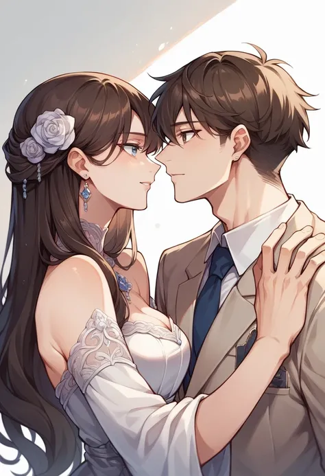 A couple of an anime boy with light blue eyes, dark brown hair,formal suit next to a brown-eyed girl with brown eyes and long hair in Chanel outfits 