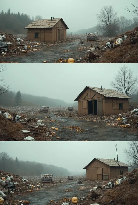 Collage of three photos. Gray dull background. A garbage dump where broken supermarket trolleys and houses with boxes are located