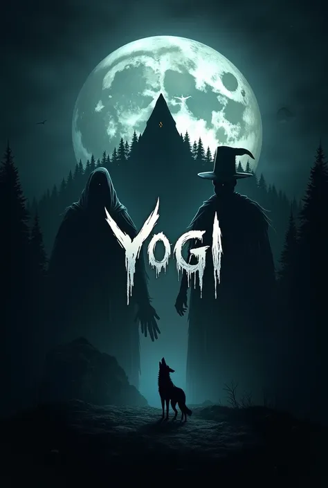 My name is Yogi. Make a horror logo of this name with a scary ghost and witch in the background. It is a dark night. There is moon behind the mountain and a wolf is howling near the moon.