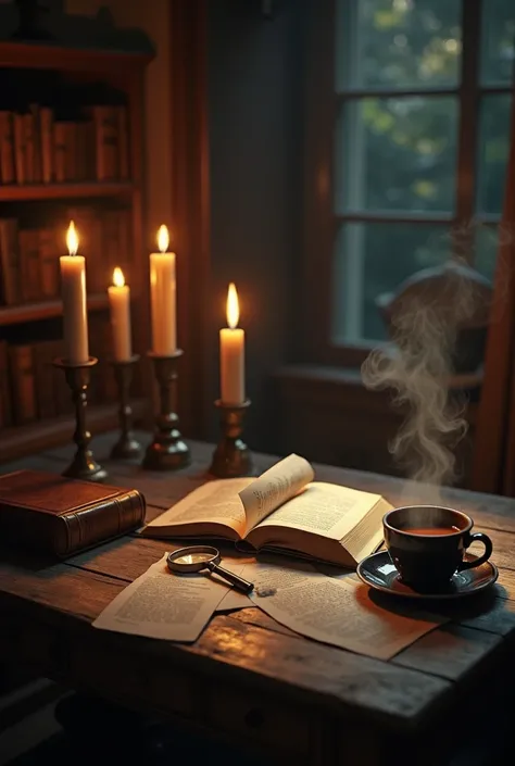 "A cozy and mysterious scene depicting an inviting reading atmosphere. A wooden table is adorned with an open book, flickering candles, and scattered papers, suggesting an ongoing investigation. The warm, dim lighting creates a comforting yet suspenseful m...