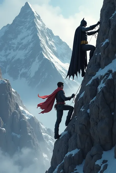 Batman along with Robin climbing a mountain climbing up 
