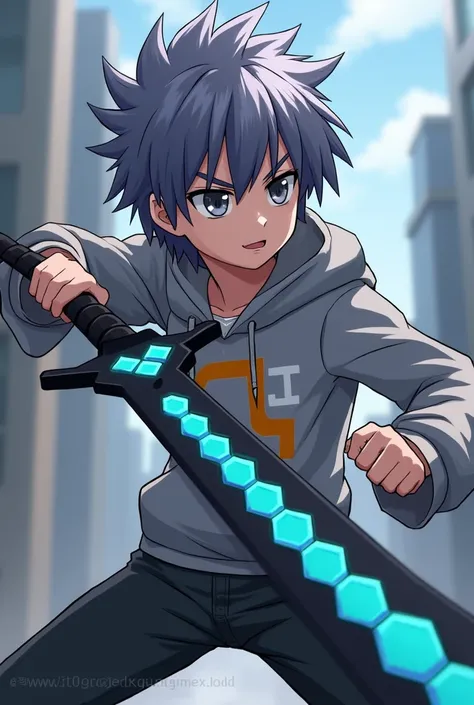 I want to create a anime character of minecraft which is wear a gray hoodie and hold a sword which is coloured black and cyan and his hair is gray,purple combined.He is a boy and his eye is also gray and in his chest writed R coloured with white also Write...