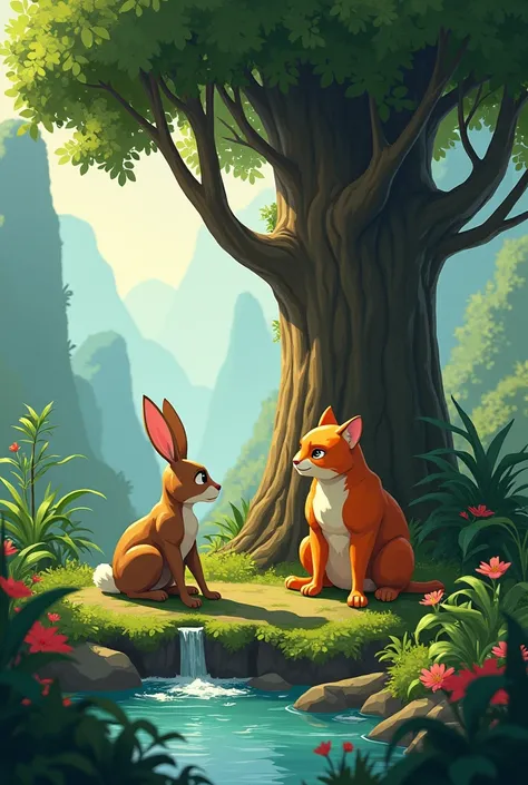 
   "A peaceful jungle scene with a, curious body builder rabbit in human body, and a brave body builder orange cat in human body resting under a giant tree. The jungle is lush and green, with tall trees, vibrant flowers, and a calm river nearby. Rolo look...