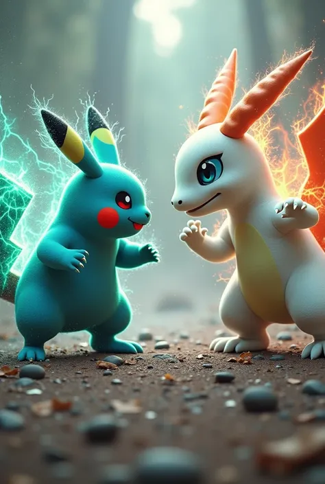 blue pikachu, releasing green rays from the cheek, red eyes, fighting against white charmander with blue eyes.