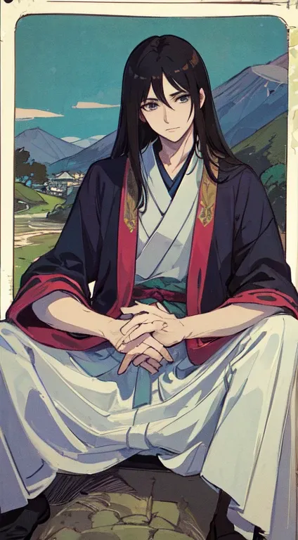 Fujiwara Kamatari　2 male、Tarot Anime Style　Anime Style　Cartoon images of men　A figure wearing traditional attire of aristocrats from the Nara period　With a calm and intelligent expression、A thoughtful pose　Ancient Japanese landscapes、A background that give...