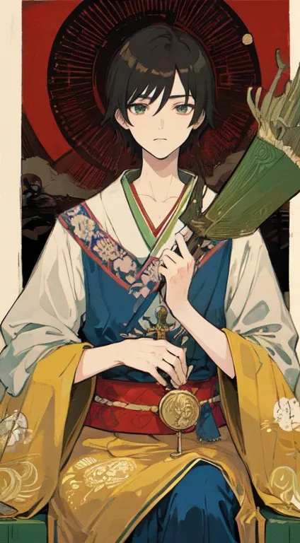 Fujiwara Kamatari　2 male、Tarot Anime Style　Anime Style　Cartoon images of men　A figure wearing traditional attire of aristocrats from the Nara period　With a calm and intelligent expression、A thoughtful pose　Ancient Japanese landscapes、A background that give...