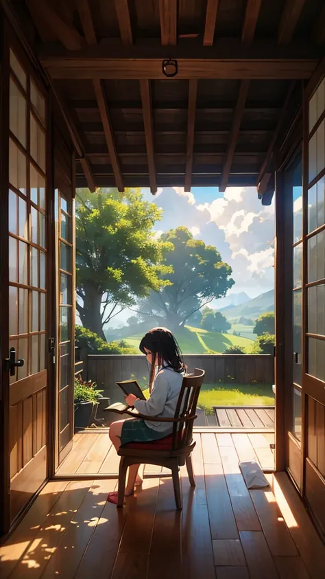 A calm, outdoor scene featuring a young person with dark hair, sitting at a small wooden table on a red chair, reading or writing in an open book. The background showcases rolling green hills, scattered with trees and bushes, along with modern, minimalist ...