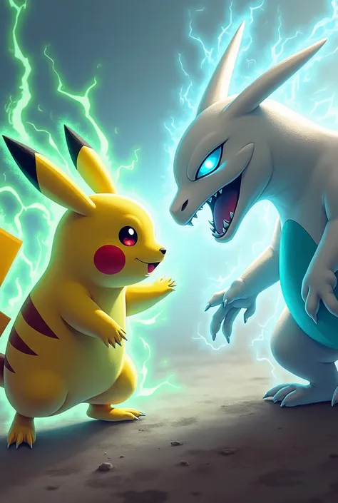 Yellow pikachu, releasing green rays from the cheek, red eyes, fighting against white charmander with blue eyes.