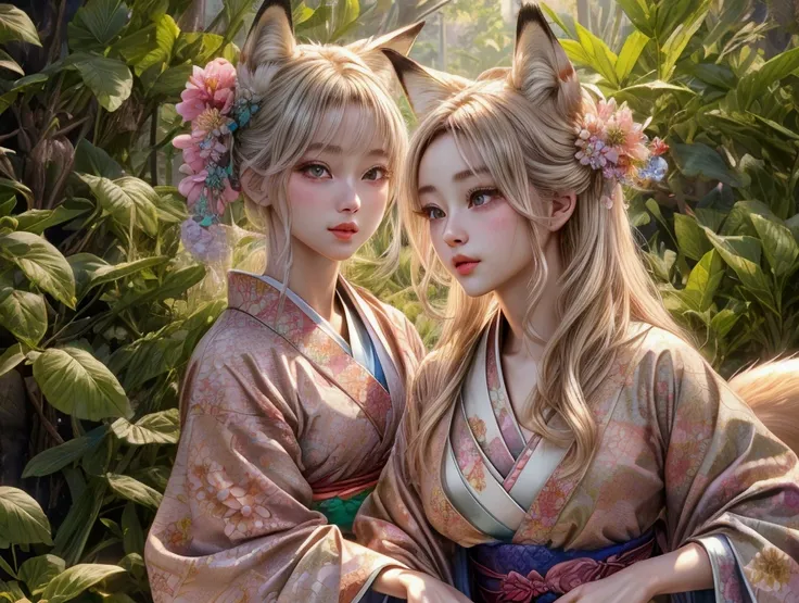 beautiful fox ears girl、kimono long-sleeved kimono、cute、bright atmosphere、fun、active、one girl、detailed face、beautifully detailed...