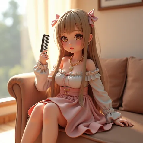 ภาพFull body, 3D virtual reality, Masterpiece, Maximum resolution, เขิลshy, 1girl, Full body, long straight hair, Golden brown hair with long bangs that are as long as the eyebrows., Big Breasts, Blushing, Round face, Chubby cheeks, shy, off-the-shoulder s...