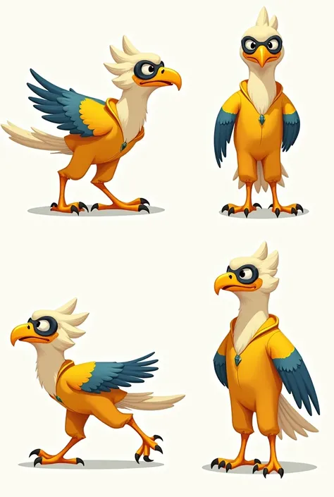 character animation pose sheet, buatkan sebuah karakter kartun burung elang, memakai kostum pilot warna kuning dan biru, low detail, simple, minimalis, tampak samping depan dan belakang, running pose, stand pose, walking pose,
