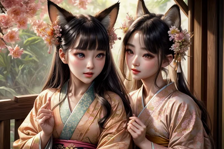 beautiful fox ears girl、kimono long-sleeved kimono、cute、bright atmosphere、fun、active、one girl、detailed face、beautifully detailed...