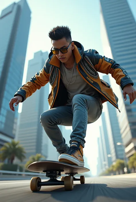 epic scene, very high quality photo, man wearing glasses from Indonesia, wearing a skypunk style jacket is playing a future skateboard on the toll road at the speed of light, tall buildings, freestyle, full of body, realistic visual effects, cool and compl...