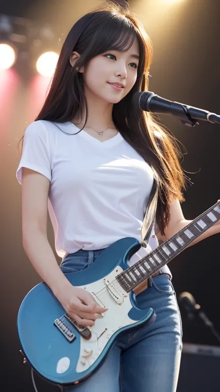 美しいJapanese女性, Age 25, ((A beautiful woman playing an electric guitar on an outdoor stage at a festival:1.2)), Gibson Les Paul, Sunburst, Daytime outdoor concert, audience, Large crowd, (Highest quality, 8k, masterpiece:1.2, RAW Photos), (Real:1.2) Japanes...