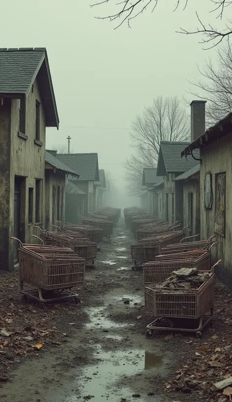 Collage of three photos. Gray dull background. A garbage dump where broken supermarket carts and dilapidated houses stand