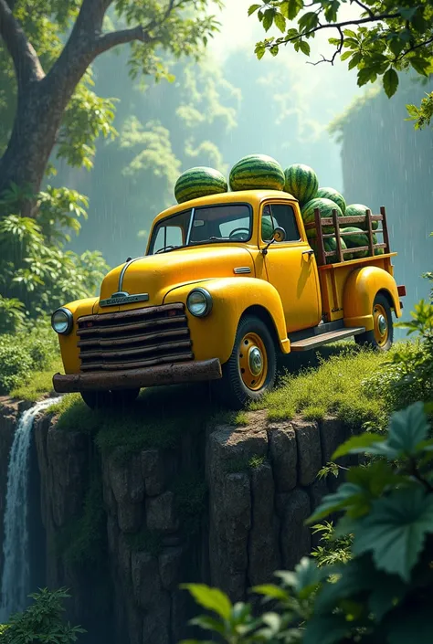 create me a yellow truck full of watermelons, at the edge of the cliff half filled, jungle, curve, trees, rain