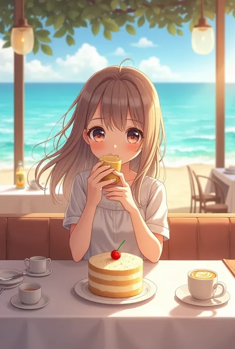 A beautiful anime girl sitting in a restaurant by the beach eating a vanilla cake