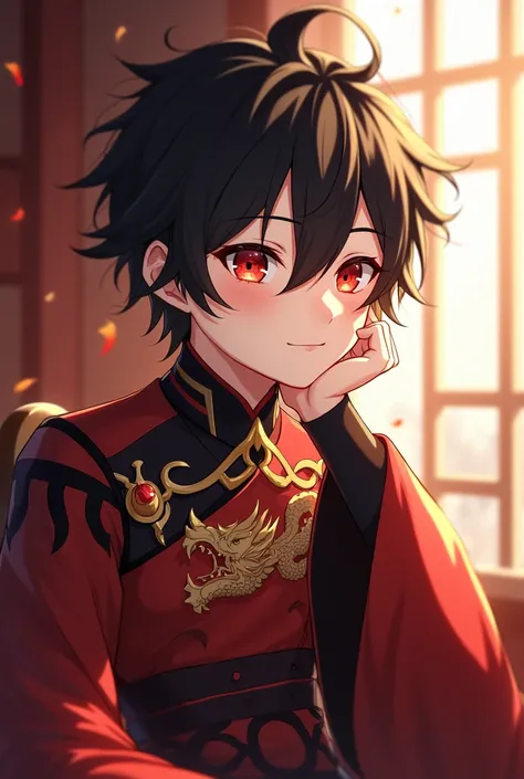 A handsome and cold anime boy with fair skin, red eyes, black hair, wearing a ceremonial outfit with a sacred symbol similar to a dragon. The theme of the outfit is red, black, and gold. Sitting with his chin on his hand, looking out the window with a warm...