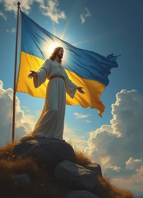 military, Ukrainian flag, sky, rays of the sun, figure of Jesus 