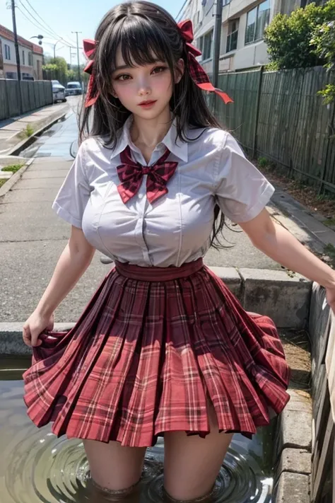 (in the dark:1.6) , big breasts , big tits , school girl , long skirt dark red , long plaid skirt , pleated skirt , red knot , red bow , school girl Soak in water 