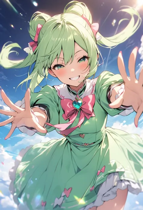 Best Quality、Lower Angle、One Girl、Magical Girl、Light green clothes、Light green hair、Chignon Hair、smile